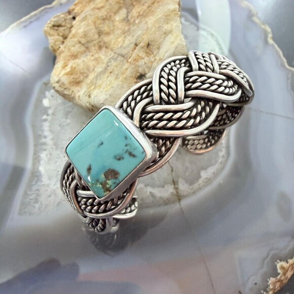 Sterling Silver Woven Rope With Square Turquoise Fashion Bracelet For Women main image 6
